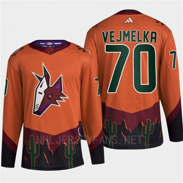 Men's Arizona Coyotes #70 Karel Vejmelka Orange Maroon 2022 Reverse Retro Primegreen Jersey