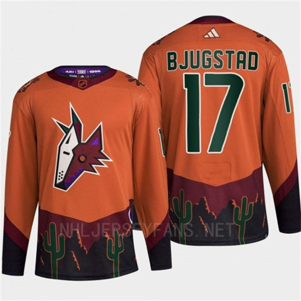 Men's Arizona Coyotes #17 Nick Bjugstad Orange Maroon 2022 Reverse Retro Primegreen Jersey