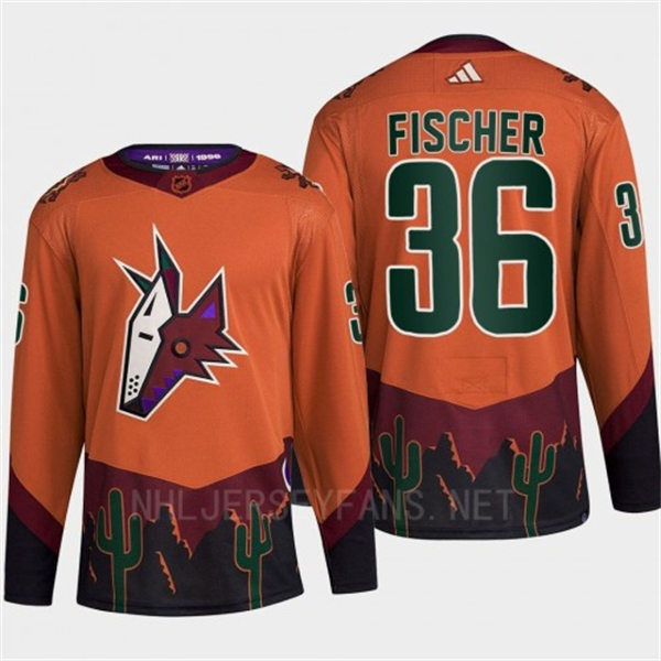 Men's Arizona Coyotes #36 Christian Fischer Orange Maroon 2022 Reverse Retro Primegreen Jersey
