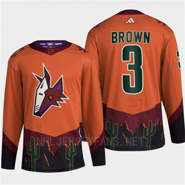 Men's Arizona Coyotes #3 Josh Brown Orange Maroon 2022 Reverse Retro Primegreen Jersey