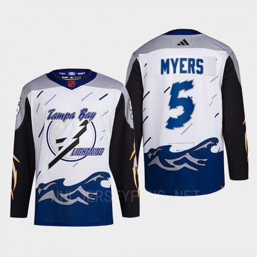 Men's Tampa Bay Lightning #5 Philippe Myers White Blue 2022 Reverse Retro Primegreen Jersey