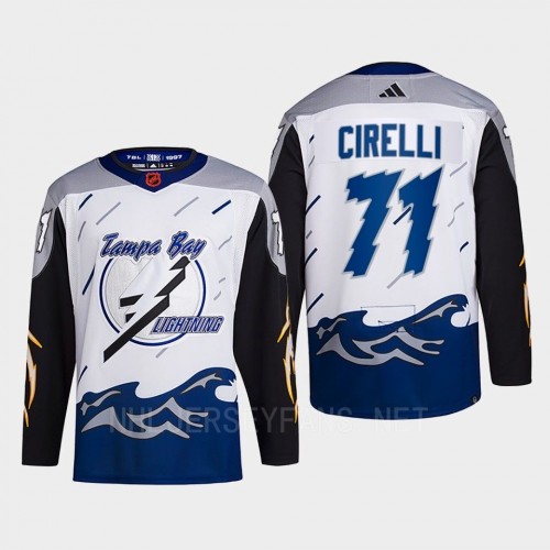 Men's Tampa Bay Lightning #71 Anthony Cirelli White Blue 2022 Reverse Retro Primegreen Jersey