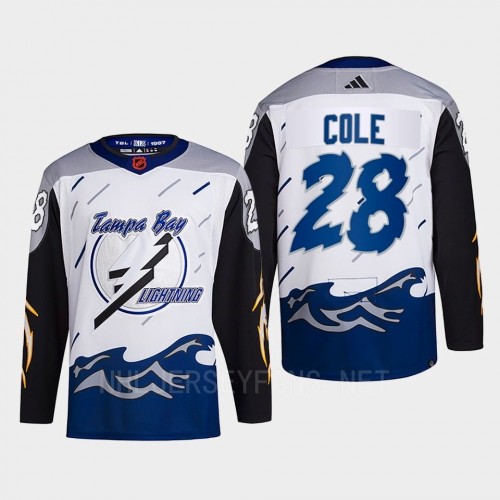 Men's Tampa Bay Lightning #28 Ian Cole White Blue 2022 Reverse Retro Primegreen Jersey