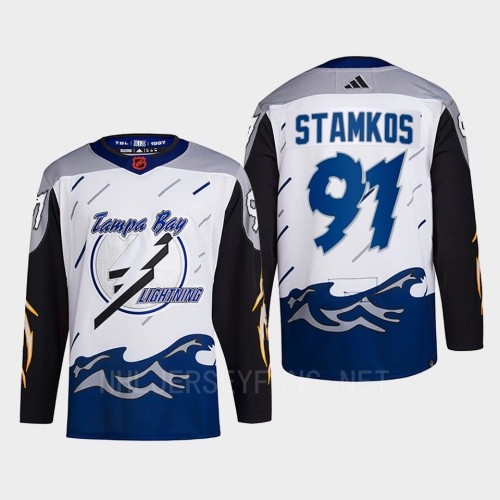 Men's Tampa Bay Lightning #91 Steven Stamkos White Blue 2022 Reverse Retro Primegreen Jersey
