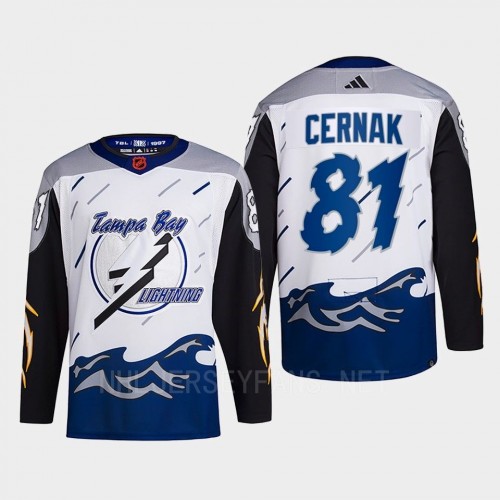 Men's Tampa Bay Lightning #81 Erik Cernak White Blue 2022 Reverse Retro Primegreen Jersey