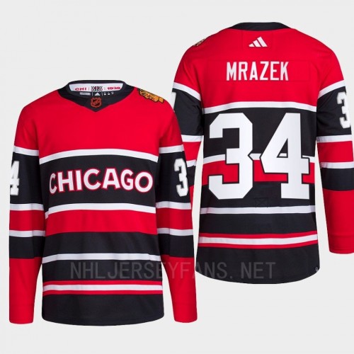 Men's Chicago Blackhawks #34 Petr Mrazek Red Black 2022 Reverse Retro Primegreen Jersey