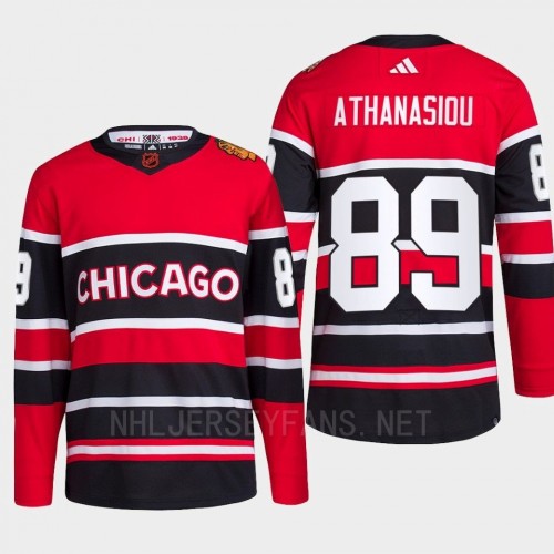 Men's Chicago Blackhawks #89 Andreas Athanasiou Red Black 2022 Reverse Retro Primegreen Jersey