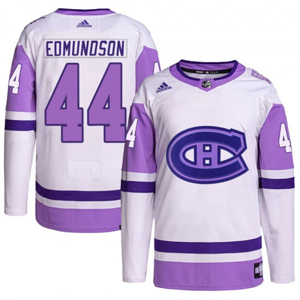 Men's Montreal Canadiens #44 Joel Edmundson 2021-22 White Purple Hockey Fights Cancer Primegreen Jersey
