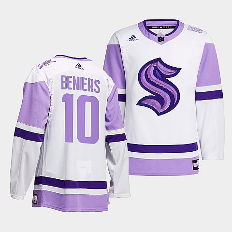 Mens Seattle Kraken #10 Matty Beniers 2021 White Purple Primegreen Hockey Fights Cancer Jersey