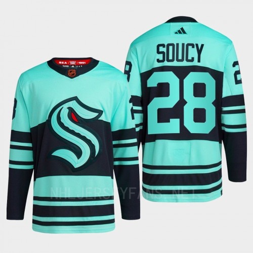 Mens Seattle Kraken #28 Carson Soucy Ice Blue 2022 Reverse Retro Primegreen Jersey