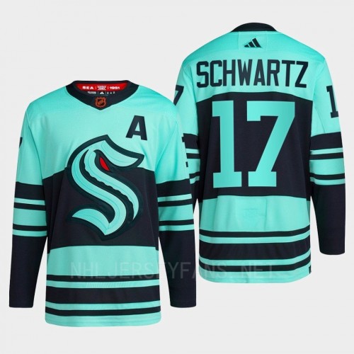 Mens Seattle Kraken #17 Jaden Schwartz Ice Blue 2022 Reverse Retro Primegreen Jersey