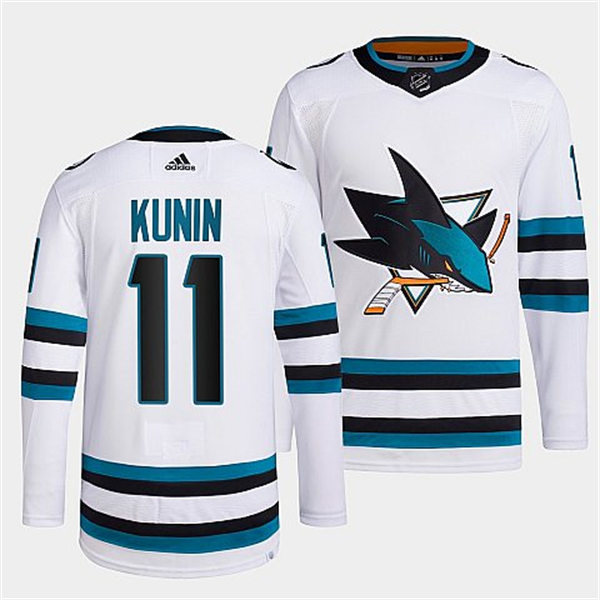 Mens San Jose Sharks #11 Luke Kunin 2022-23 White Away Authentic Player Jersey