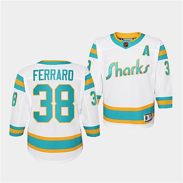 Youth San Jose Sharks #38 Mario Ferraro White 2022 Reverse Retro Jersey