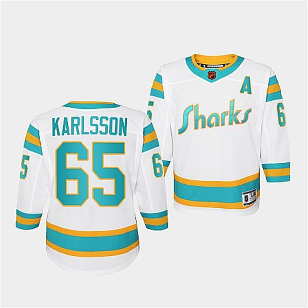 Youth San Jose Sharks #65 Erik Karlsson White 2022 Reverse Retro Jersey