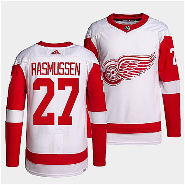 Men's Detroit Red Wings #27 Michael Rasmussen Adidas White Away Player Jersey