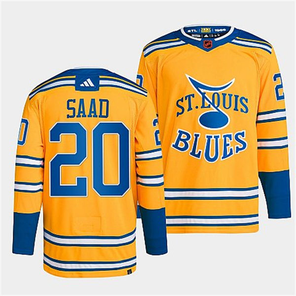 Mens St. Louis Blues #20 Brandon Saad Yellow 2022 Reverse Retro Primegreen Jersey