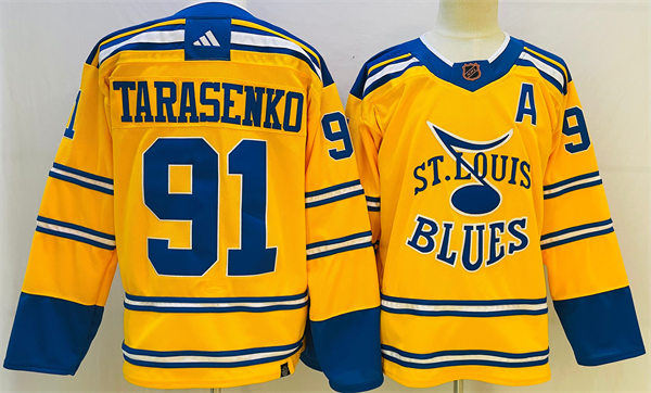 Mens St. Louis Blues #91 Vladimir Tarasenko Yellow 2022 Reverse Retro Primegreen Jersey