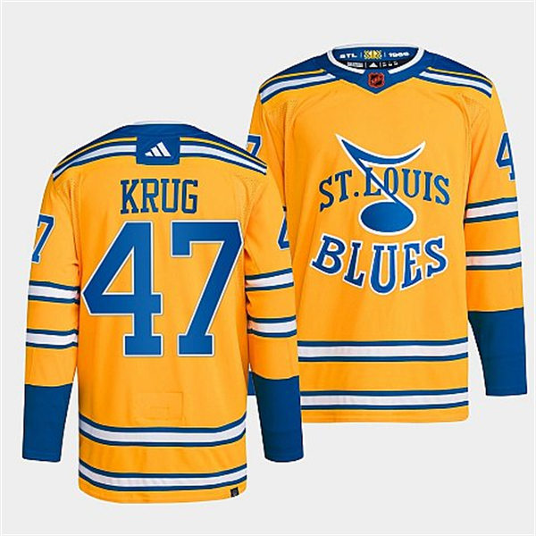 Mens St. Louis Blues #47 Torey Krug Yellow 2022 Reverse Retro Primegreen Jersey