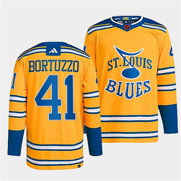 Mens St. Louis Blues #41 Robert Bortuzzo Yellow 2022 Reverse Retro Primegreen Jersey