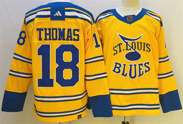 Mens St. Louis Blues #18 Robert Thomas Yellow 2022 Reverse Retro Primegreen Jersey