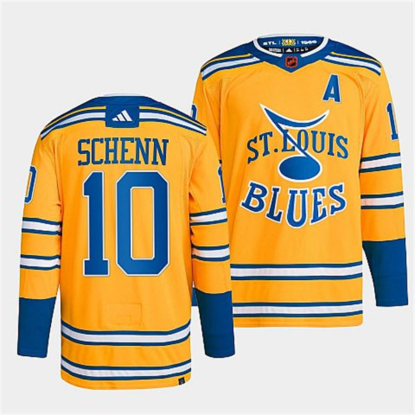 Mens St. Louis Blues #10 Brayden Schenn Yellow 2022 Reverse Retro Primegreen Jersey