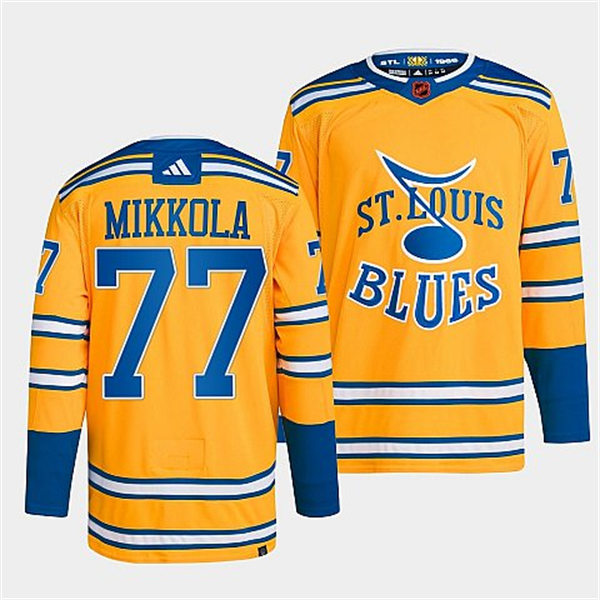 Mens St. Louis Blues #77 Niko Mikkola Yellow 2022 Reverse Retro Primegreen Jersey