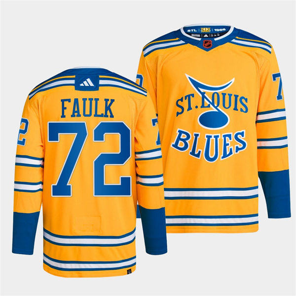 Mens St. Louis Blues #72 Justin Faulk Yellow 2022 Reverse Retro Primegreen Jersey