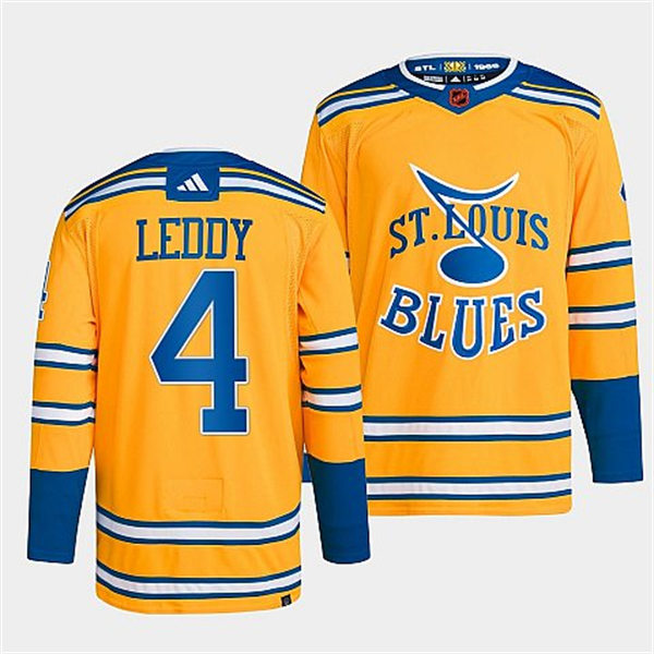 Mens St. Louis Blues #4 Nick Leddy Yellow 2022 Reverse Retro Primegreen Jersey