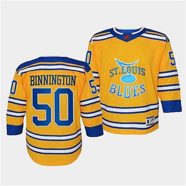 Youth St. Louis Blues #50 Jordan Binnington Yellow 2022 Reverse Retro Jersey