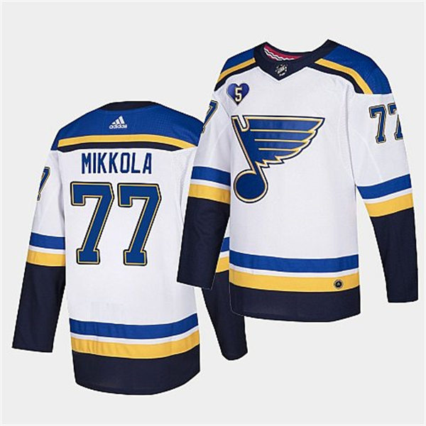 Mens St. Louis Blues #77 Niko Mikkola White Away Player Jersey