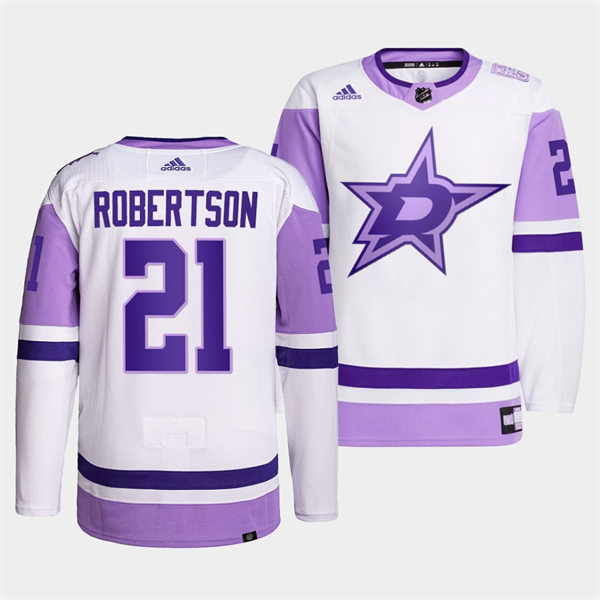 Men's Dallas Stars #21 Jason Robertson 2021-22 White Purple Hockey Fights Cancer Primegreen Jersey