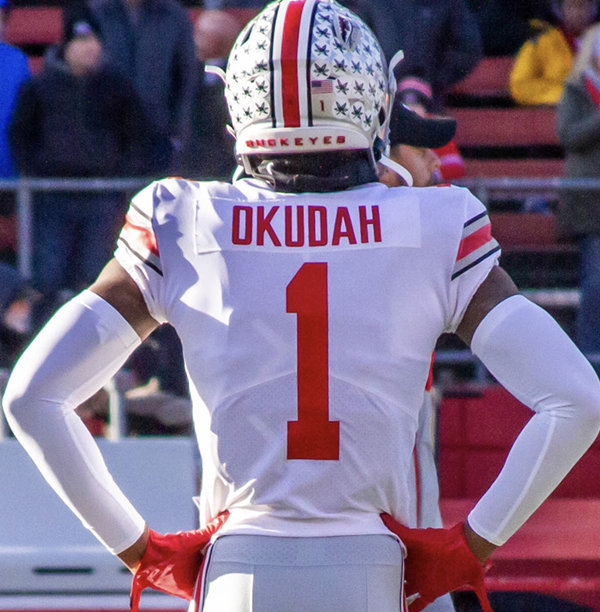 Men's Ohio State Buckeyes #1 Jeffrey Okudah White College Football Game Jersey