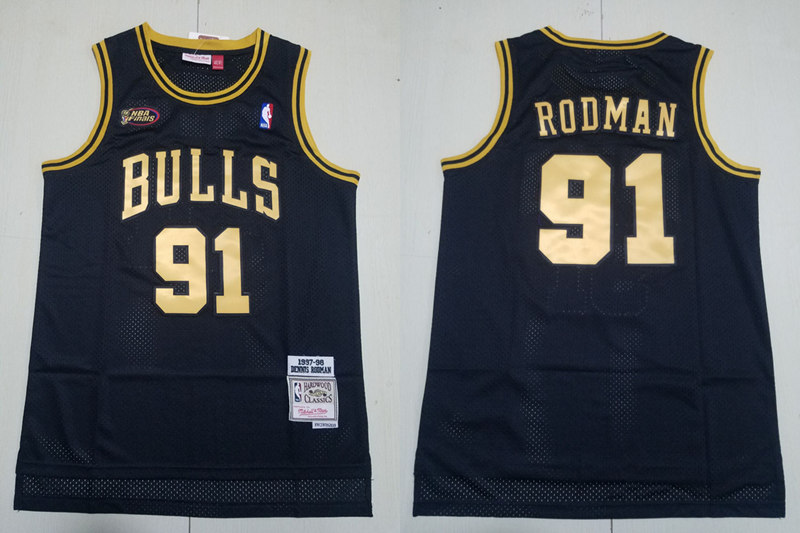 Mens Chicago Bulls #91 Dennis Rodman Mitchell & Ness 1997-98 Black Golden Hardwood Classics Jersey