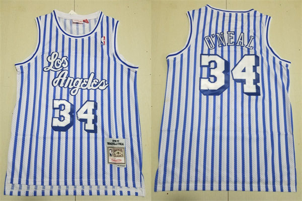 Mens Los Angeles Lakers #34 Shaquille O'Neal 1996-97 White Blue Striped Hardwood Classics Jersey