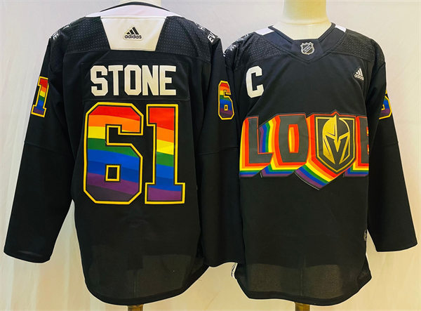 Mens Vegas Golden Knights #61 Mark Stone Black 2022 Pride Night special warmup Jersey