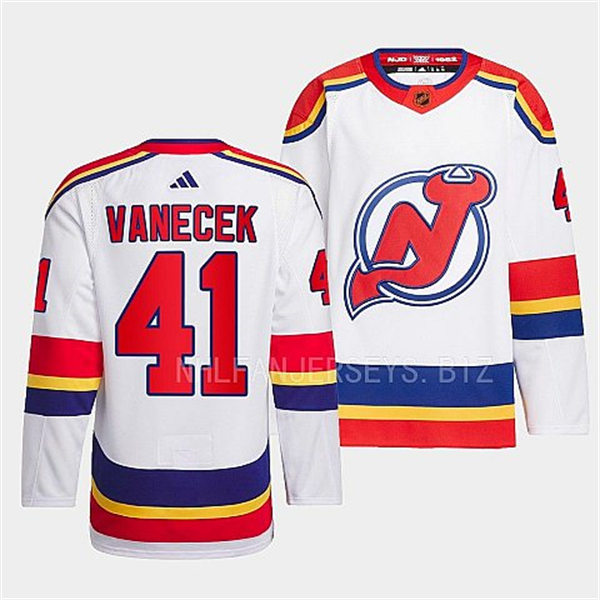 Mens New Jersey Devils #41 Vitek Vanecek White 2022 Reverse Retro Primegreen Jersey