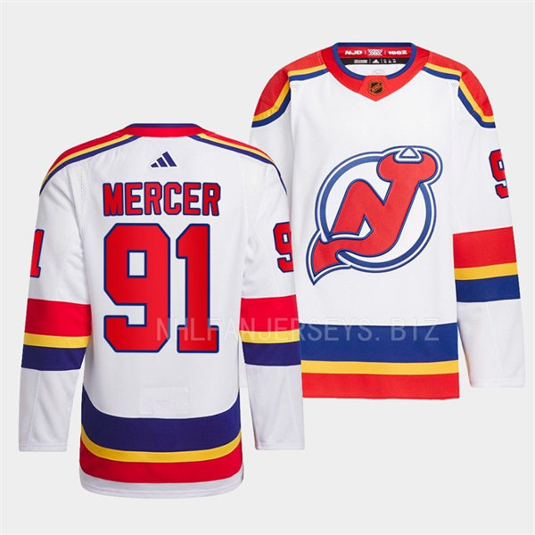 Mens New Jersey Devils #91 Dawson Mercer White 2022 Reverse Retro Primegreen Jersey