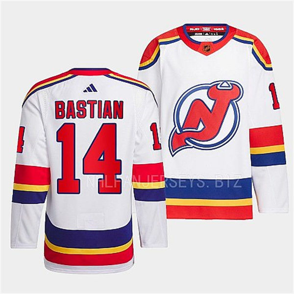 Mens New Jersey Devils #14 Nathan Bastian White 2022 Reverse Retro Primegreen Jersey