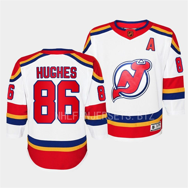 Youth New Jersey Devils #86 Jack Hughes White 2022 Reverse Retro Jersey