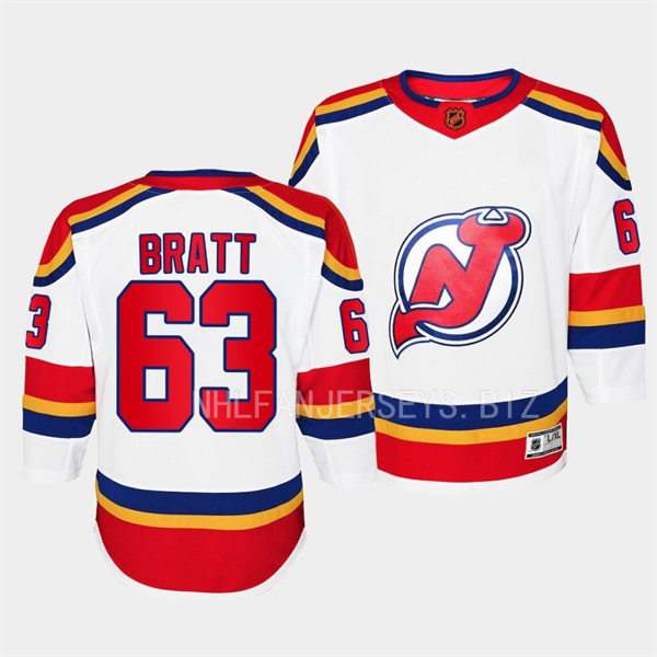 Youth New Jersey Devils #63 Jesper Bratt White 2022 Reverse Retro Jersey