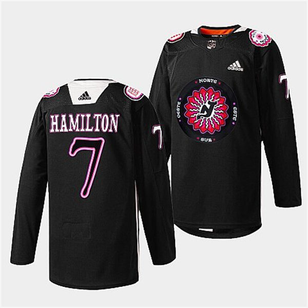 Mens New Jersey Devils #7 Dougie Hamilton warms up in Hispanic Heritage night Jersey