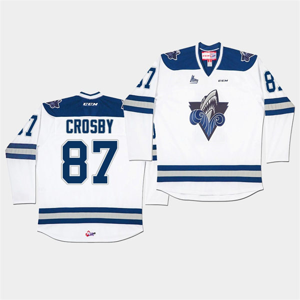 Mens Rimouski Oceanic #87 Sidney Crosby CCM White Away QMJHL Hockey Jersey
