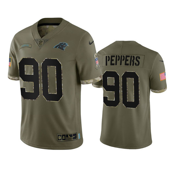 Mens Carolina Panthers Retired Player #90 Julius Peppers Olive 2022 Salute To Service Limited Jersey