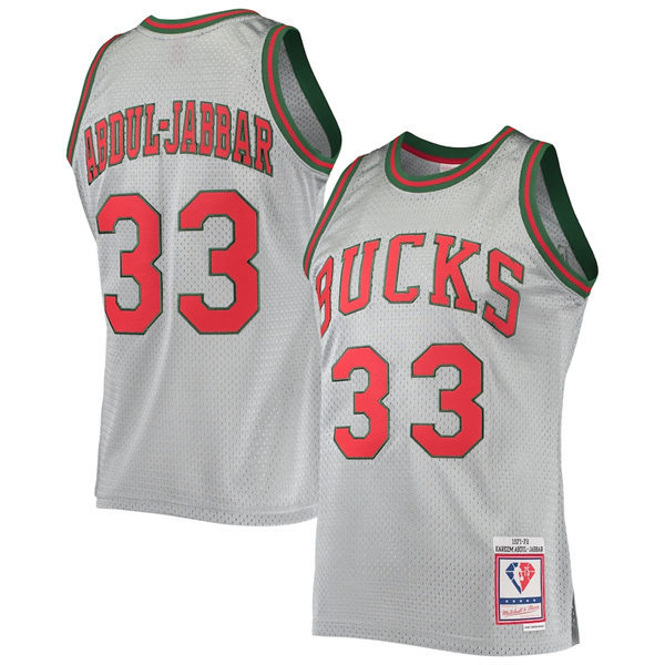 Mens Milwaukee Bucks #33 Kareem Abdul-Jabbar Silver Mitchell & Ness 75th Anniversary 1971-72 Hardwood Classics Swingman Jersey