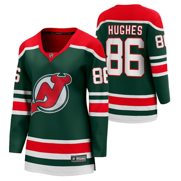 Womens New Jersey Devils #86 Jack Hughes Green Adidas 2021 Reverse Retro Jersey