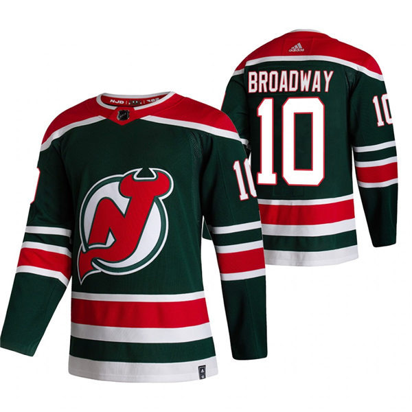 Mens New Jersey Devils #10 Jimmy Hayes Honor Broadway Adidas Green 2021 Reverse Retro Jersey