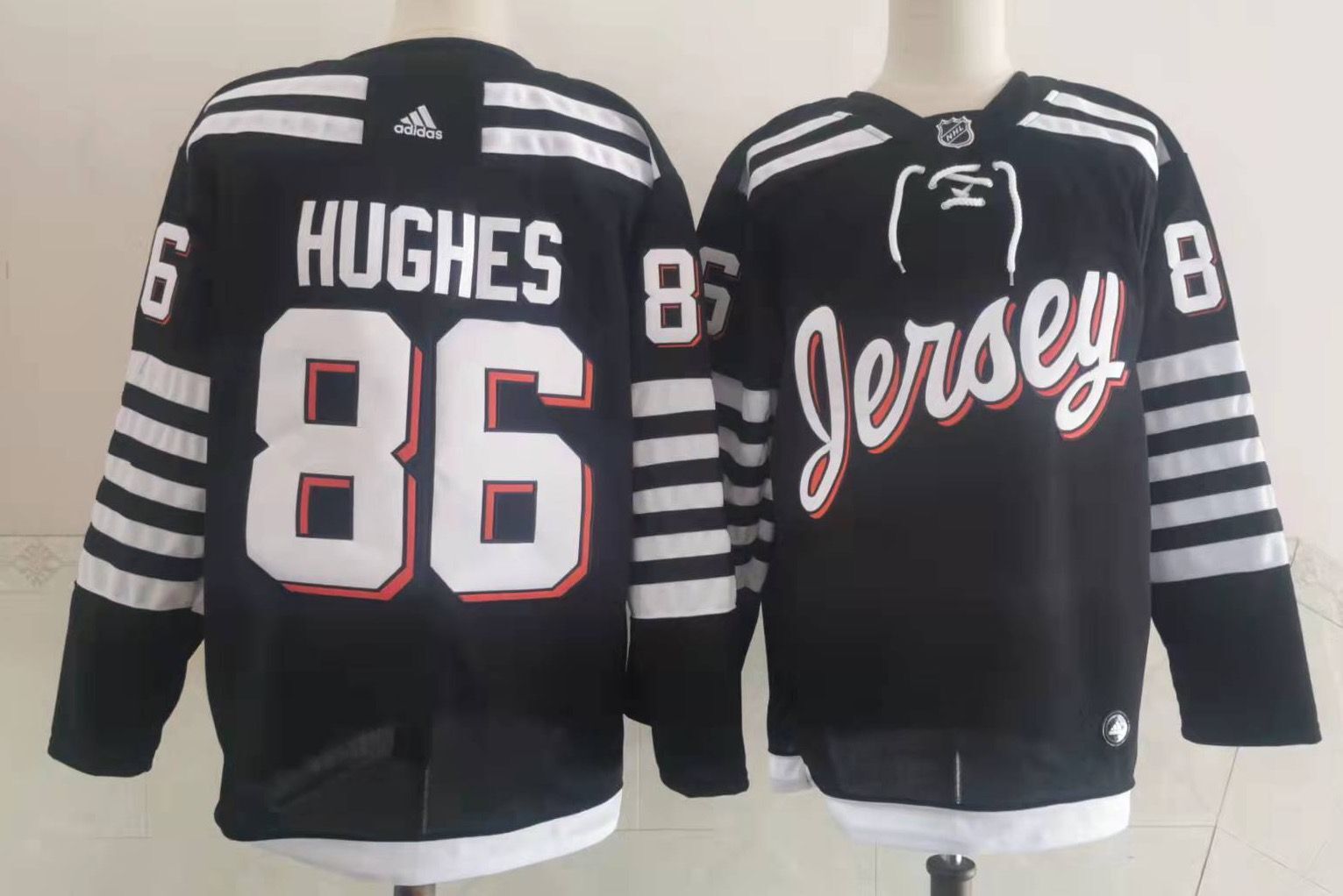 Mens New Jersey Devils #86 Jack Hughes Adidas Black Alternate Premier Player Jersey