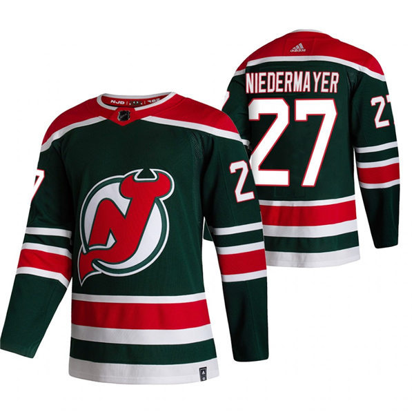 Mens New Jersey Devils Retired Player #27 Scott Niedermayer 2021 Reverse Retro Custom Green Special Edition Jersey