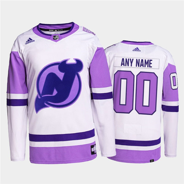 Mens New Jersey Devils Custom Adidas White Purple Primegreen Hockey Fights Cancer Jersey