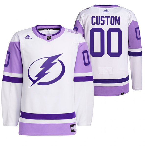 Mens Tampa Bay Lightning Custom Adidas White Purple Primegreen Hockey Fights Cancer Jersey